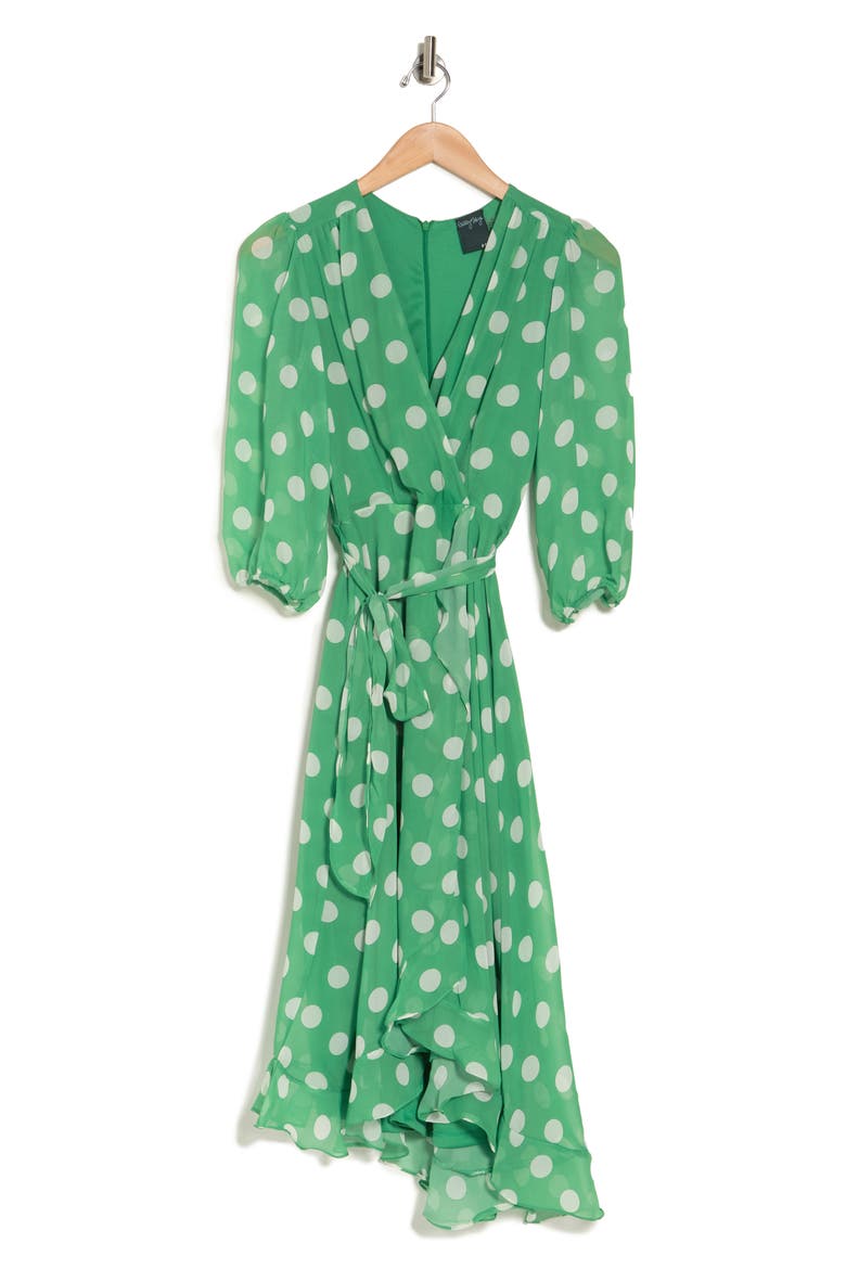 Surplice Neck Three-Quarter Sleeve Polka Dot Print Chiffon Faux Wrap Dress, Alternate, color, KELLY GREEN/ IVORY