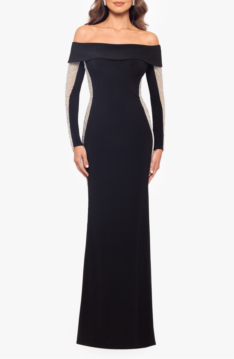 Xscape Evenings Beaded Long Sleeve Off the Shoulder Jersey Gown, Main, color, 