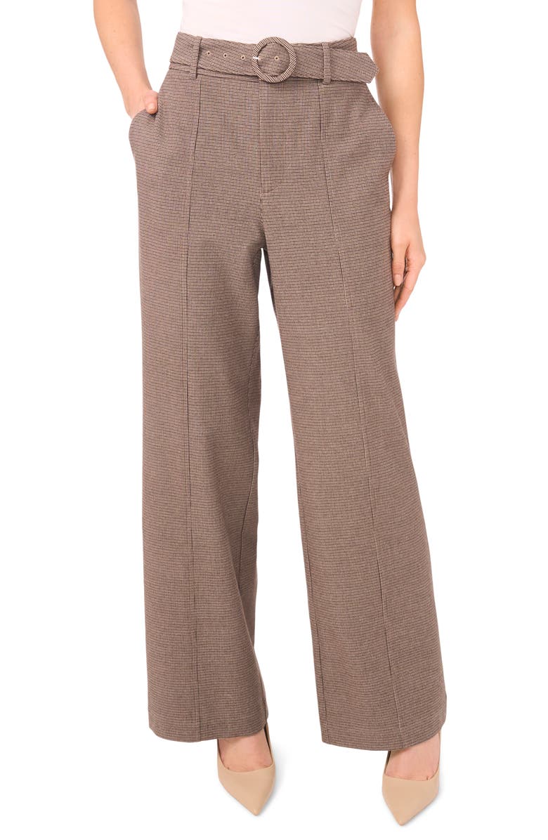 CeCe Microcheck High Waist Belted Pants, Main, color, Safari