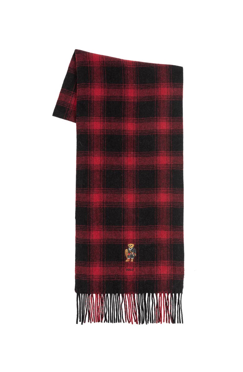 Polo Ralph Lauren Woven Holiday Bear Scarf, Main, color, Black/Red Plaid