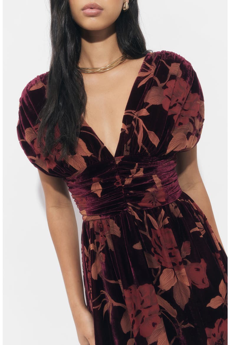 Myla Floral Print Ruched Velvet Minidress, Alternate, color, BURGUNDY