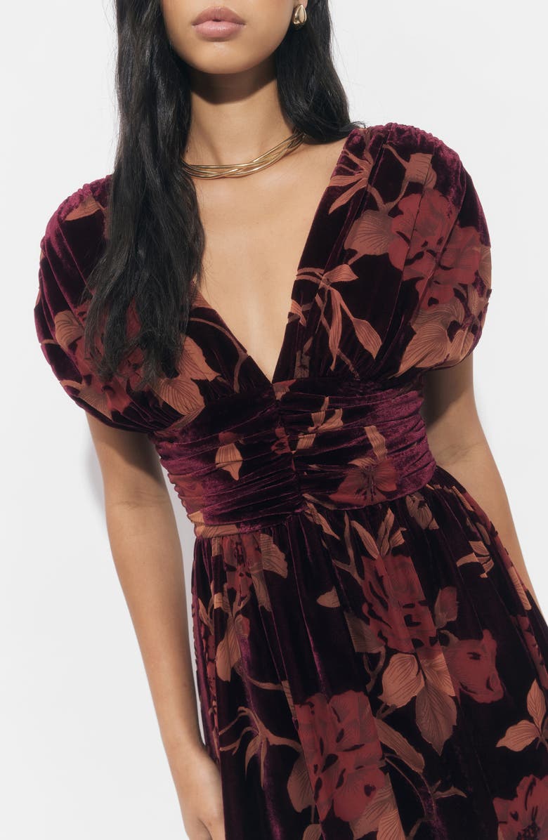 Adelyn Rae Myla Floral Print Ruched Velvet Minidress, Alternate, color, Burgundy