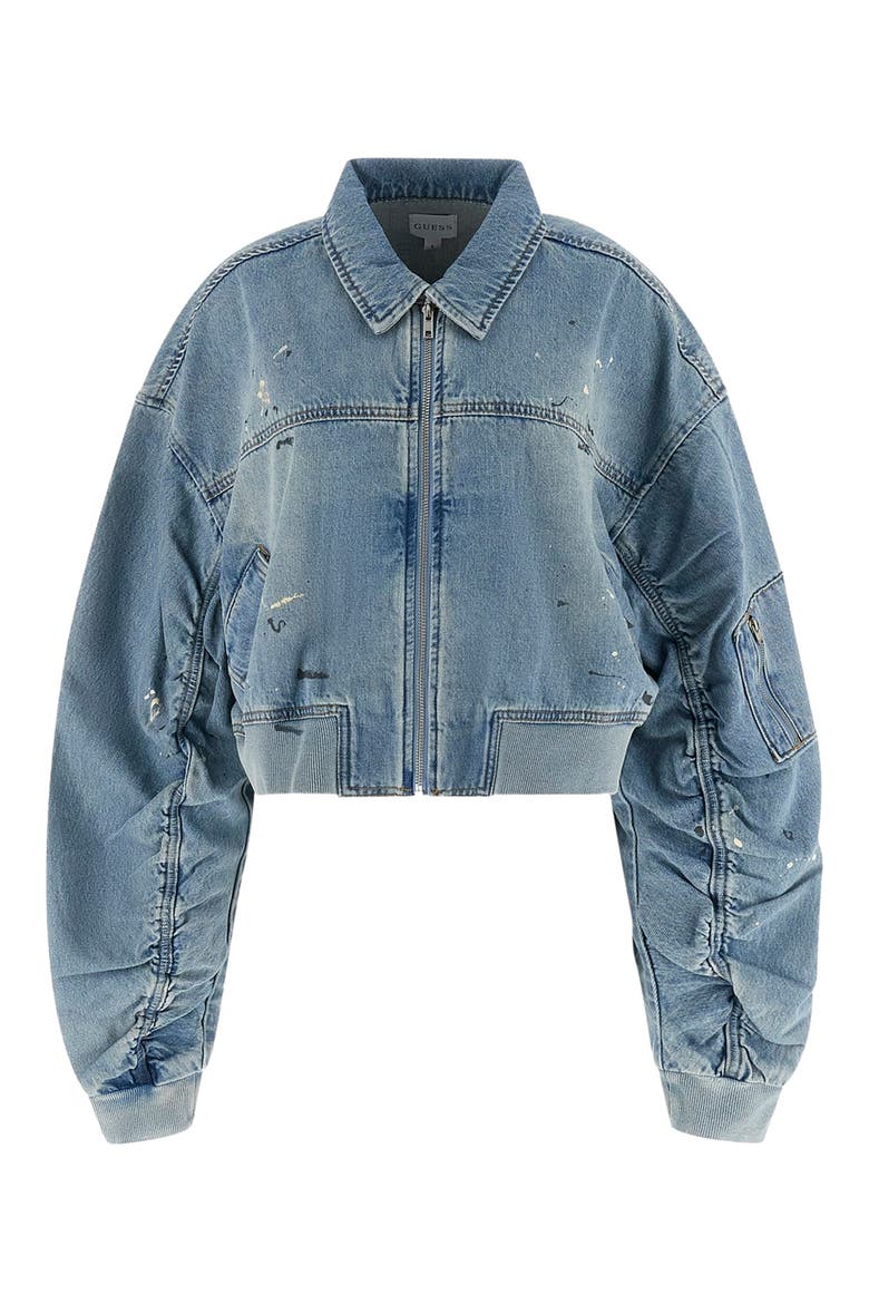 Anna Distressed Crop Denim Bomber Jacket, Alternate, color, DENIM