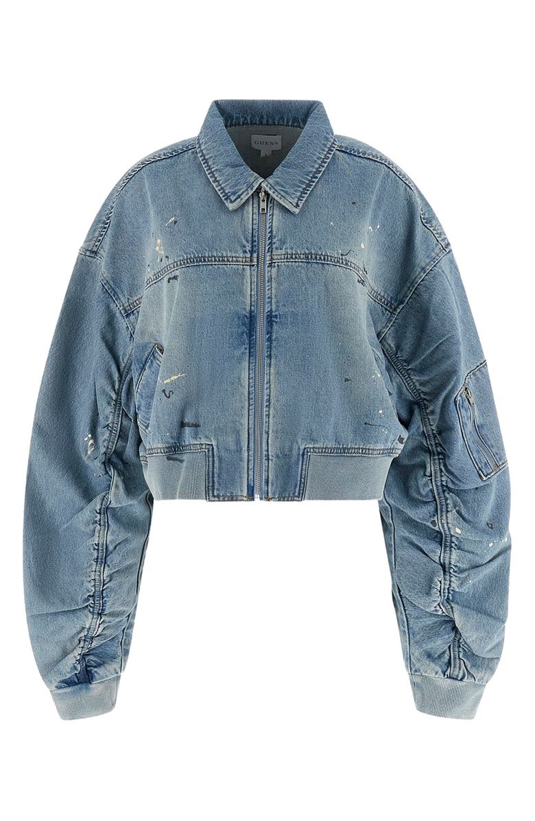 GUESS Anna Distressed Crop Denim Bomber Jacket, Alternate, color, Denim