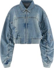 GUESS Anna Distressed Crop Denim Bomber Jacket