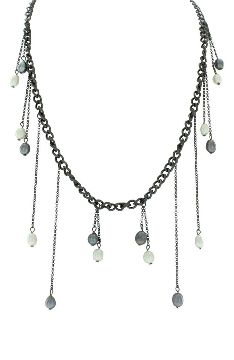 OLIVIA WELLES Graduated Imitation Pearl Curb Chain Statement Necklace, Main, color, Gunmetal / Grey / White