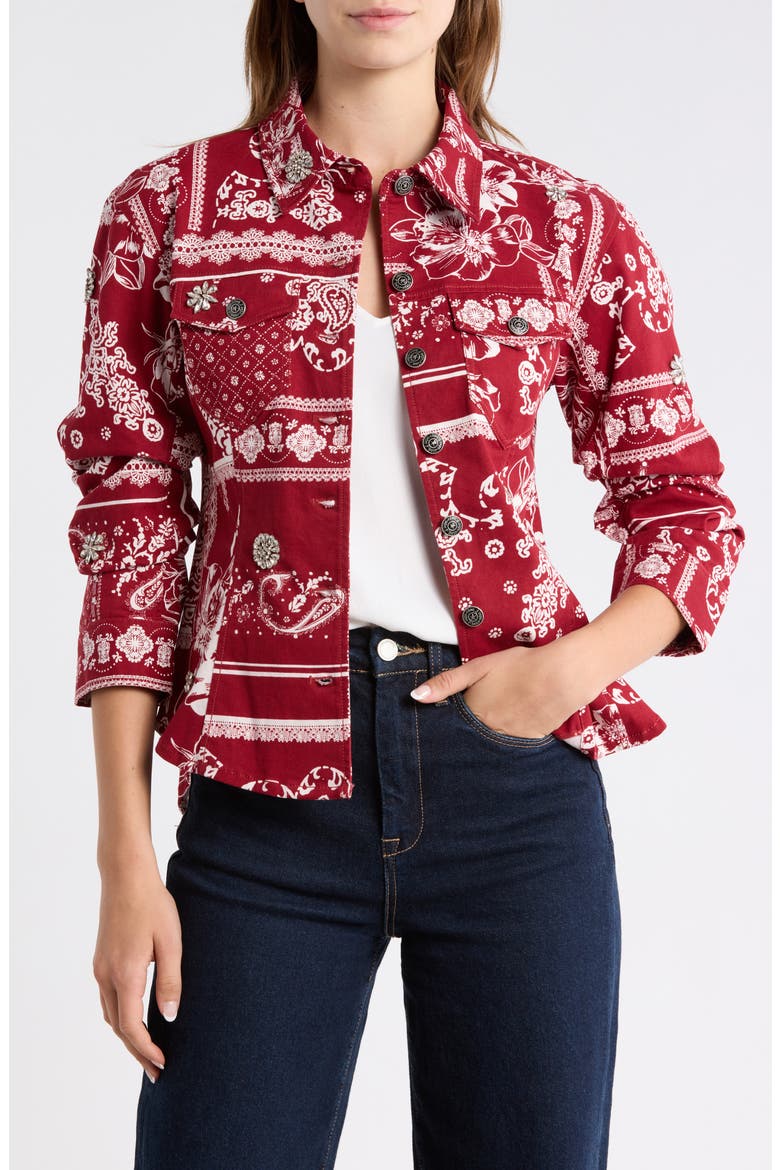 Bandana Print Twill Scrunch Sleeve Shirt Jacket, Main, color, BORDEAUX