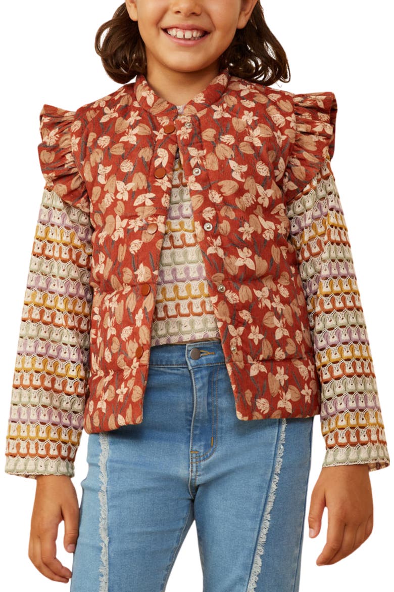 Kids' Floral Ruffle Corduroy Vest, Main, color, RUST