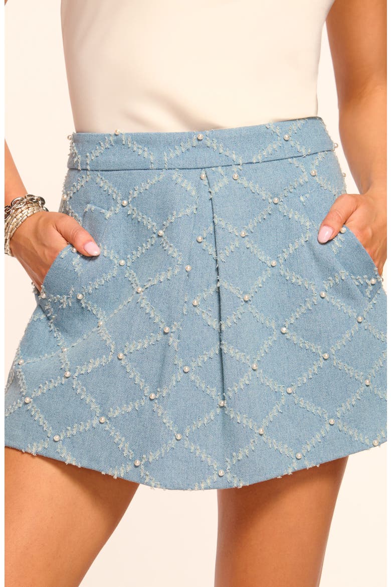 Elodie Faux Pearl Detail Cotton Blend Miniskirt, Alternate, color, INDIGO PEARL