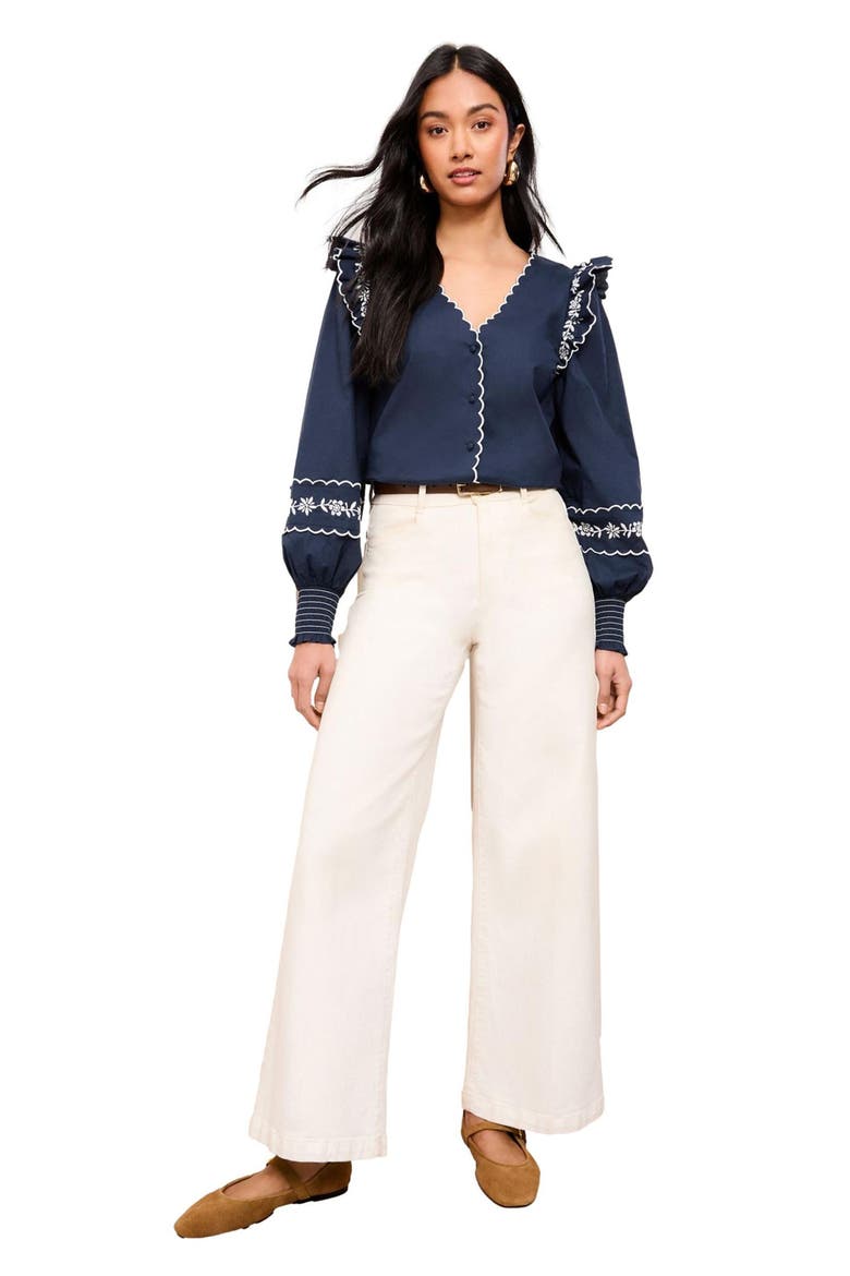 Ruffle Embroidered Scallop Trim Top, Alternate, color, BLUE