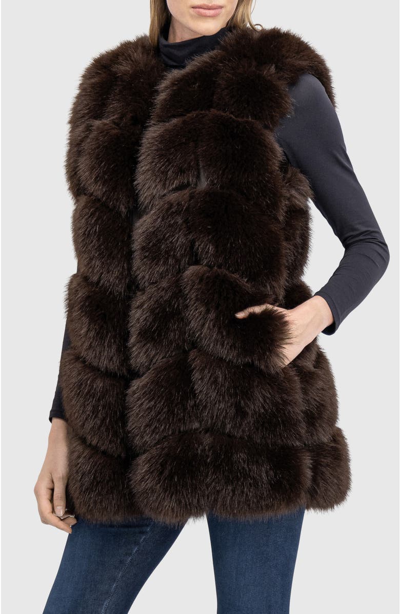 Lyla Grant Fur-Free Fox (Faux Fur) Chevron Vest, Alternate, color, Brown