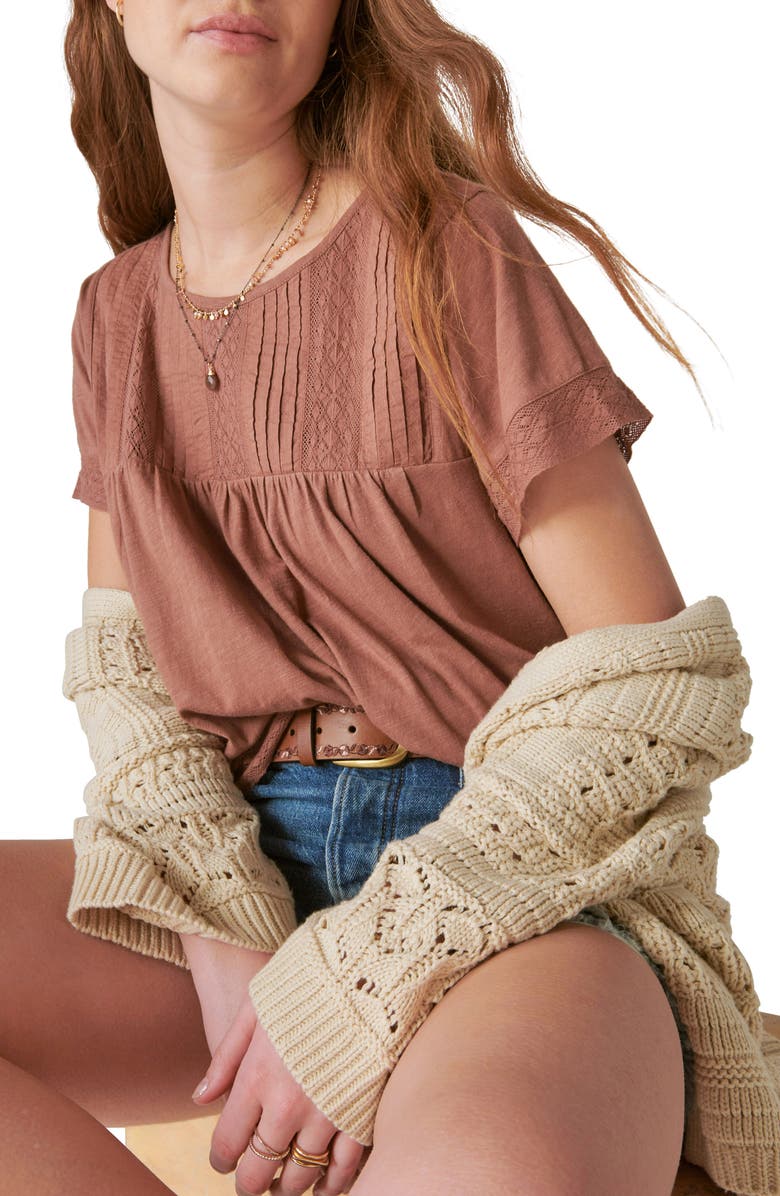 Lucky Brand Pintuck & Lace Top, Alternate, color, Baltic Amber