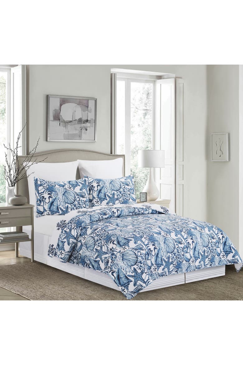 Blue Coast Shells Queen Reversible Bedspread, Alternate, color, Blue