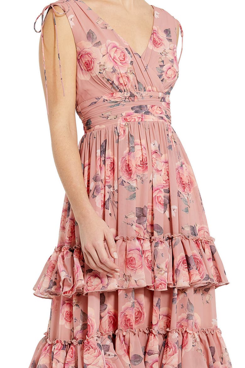 Drawstring Shoulder Floral Chiffon Tiered Gown, Alternate, color, Pink Multi