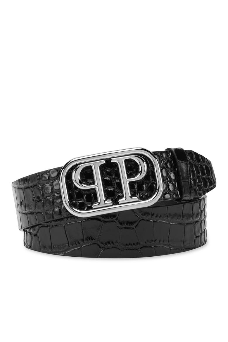 Leather Belt Crocco Print Shiny Skull Men, Main, color, black
