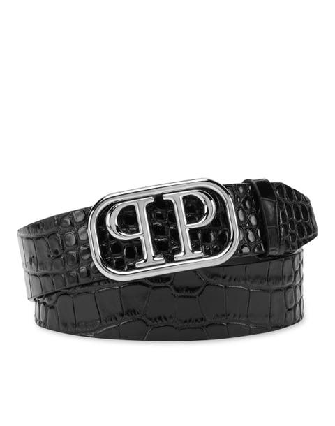 Leather Belt Crocco Print Shiny Skull Men