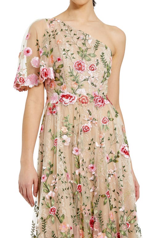 Mac Duggal One Shoulder Floral Lace Embroidered Dress In Pink Multi