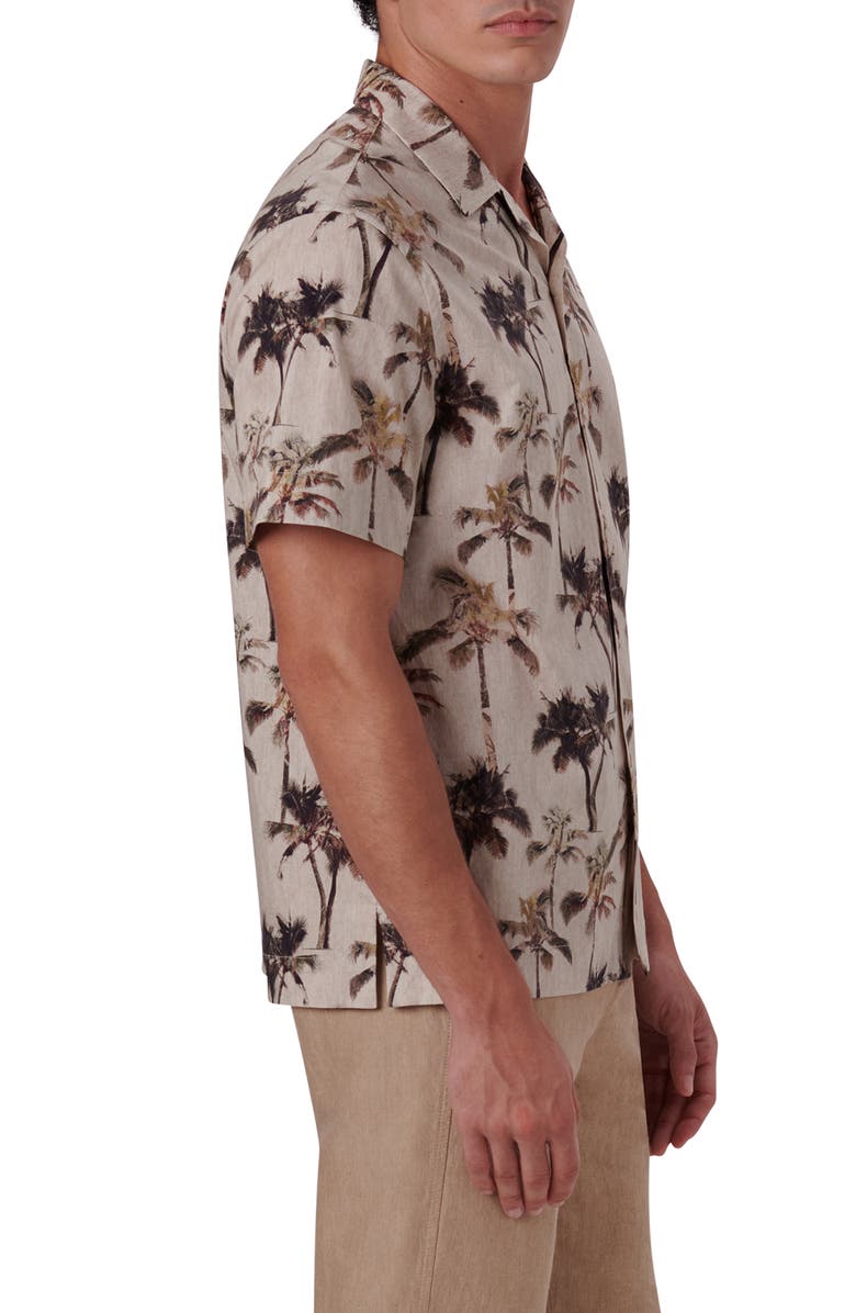 Bugatchi Shaped Fit Print Stretch Cotton Short Sleeve Button-Up Shirt, Alternate, color, Sand