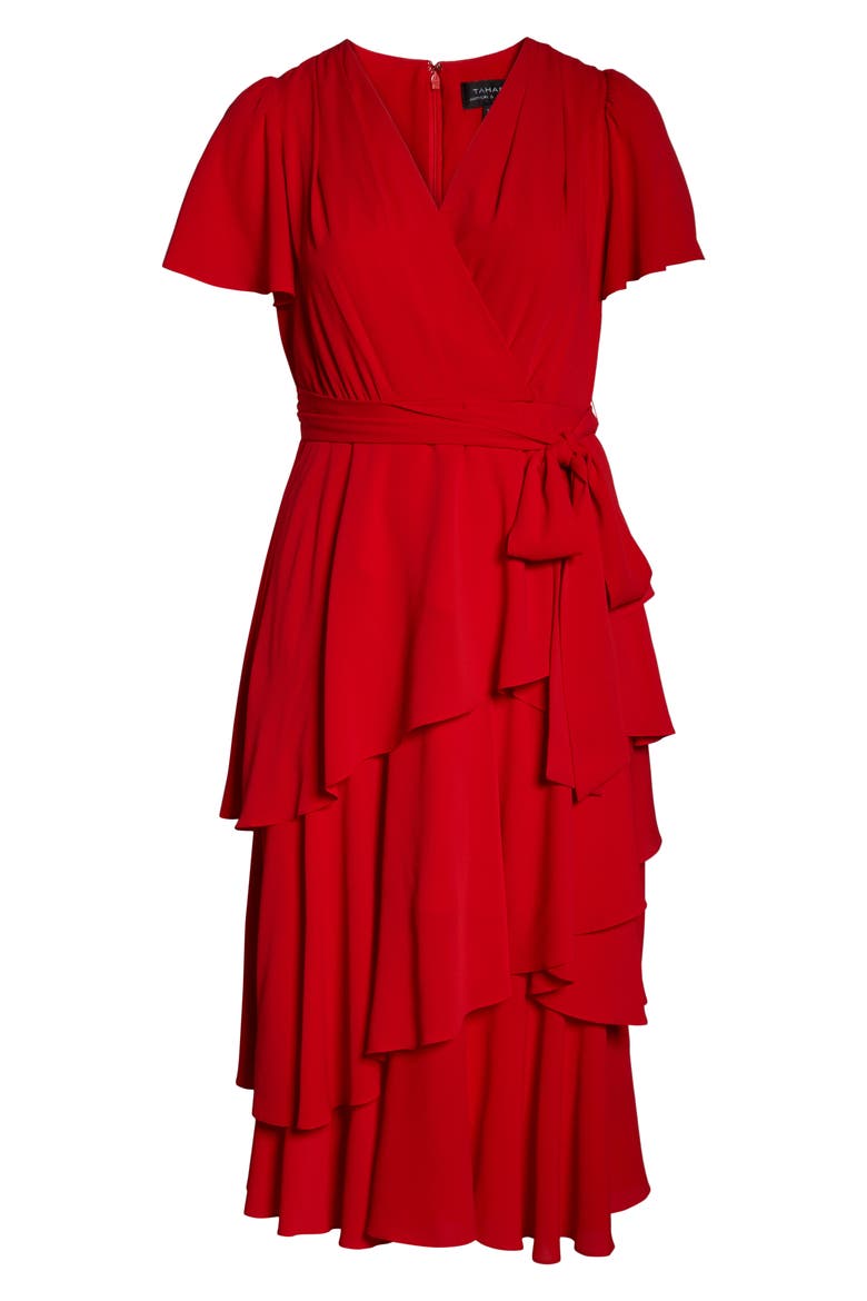 Tiered Faux Wrap Crepe Dress, Alternate, color, TOMATO