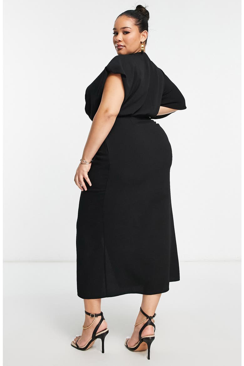 Curve Tie Waist Crepe Midi Dress, Alternate, color, BLACK