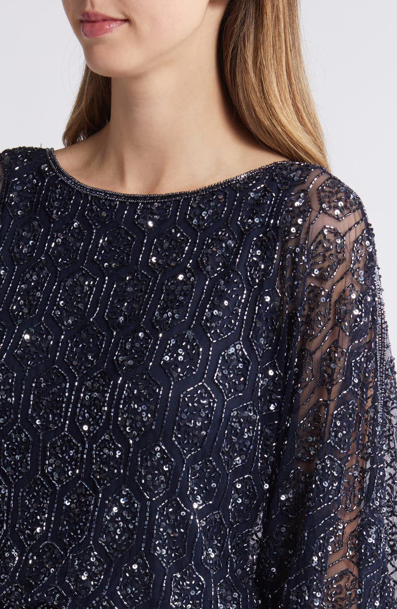Pisarro Nights Beaded Blouson Split Sleeve Gown, Alternate, color, Navy