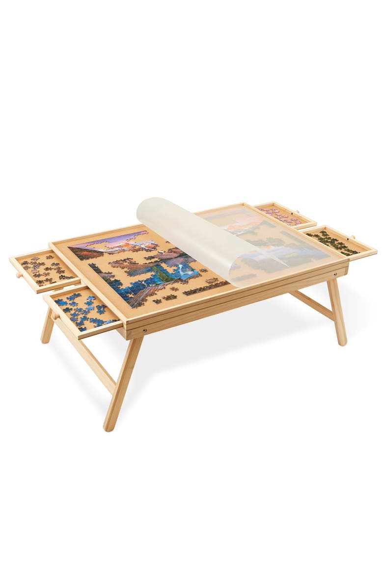 Jumbl 1000-Piece Puzzle Board with Drawers, Foldable Legs & Cover, Wooden Jigsaw Table, Main, color, Beige