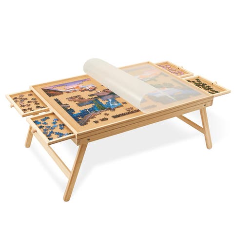 1000-Piece Puzzle Board with Drawers, Foldable Legs & Cover, Wooden Jigsaw Table