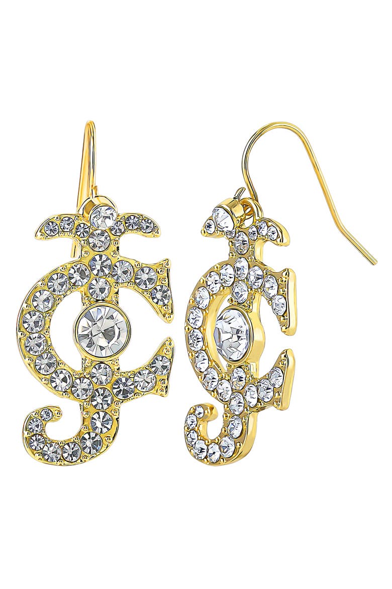 Rhinestone Logo Drop Earrings for Women, Gold-Tone, Main, color, Gold-Tone