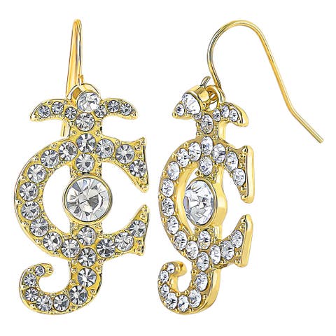 Rhinestone Logo Drop Earrings for Women, Gold-Tone