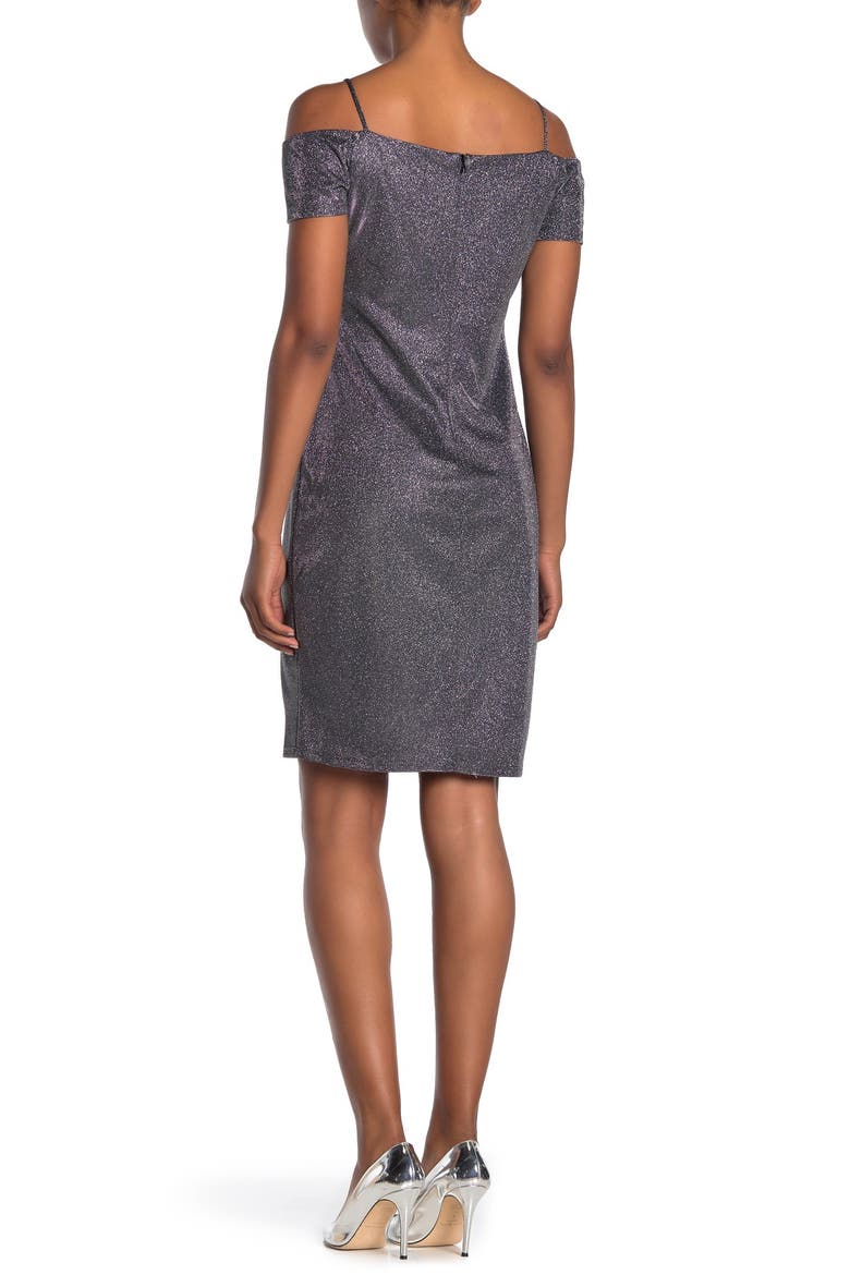 Cold Shoulder Metallic Knit Slim Midi Dress, Alternate, color, GUN