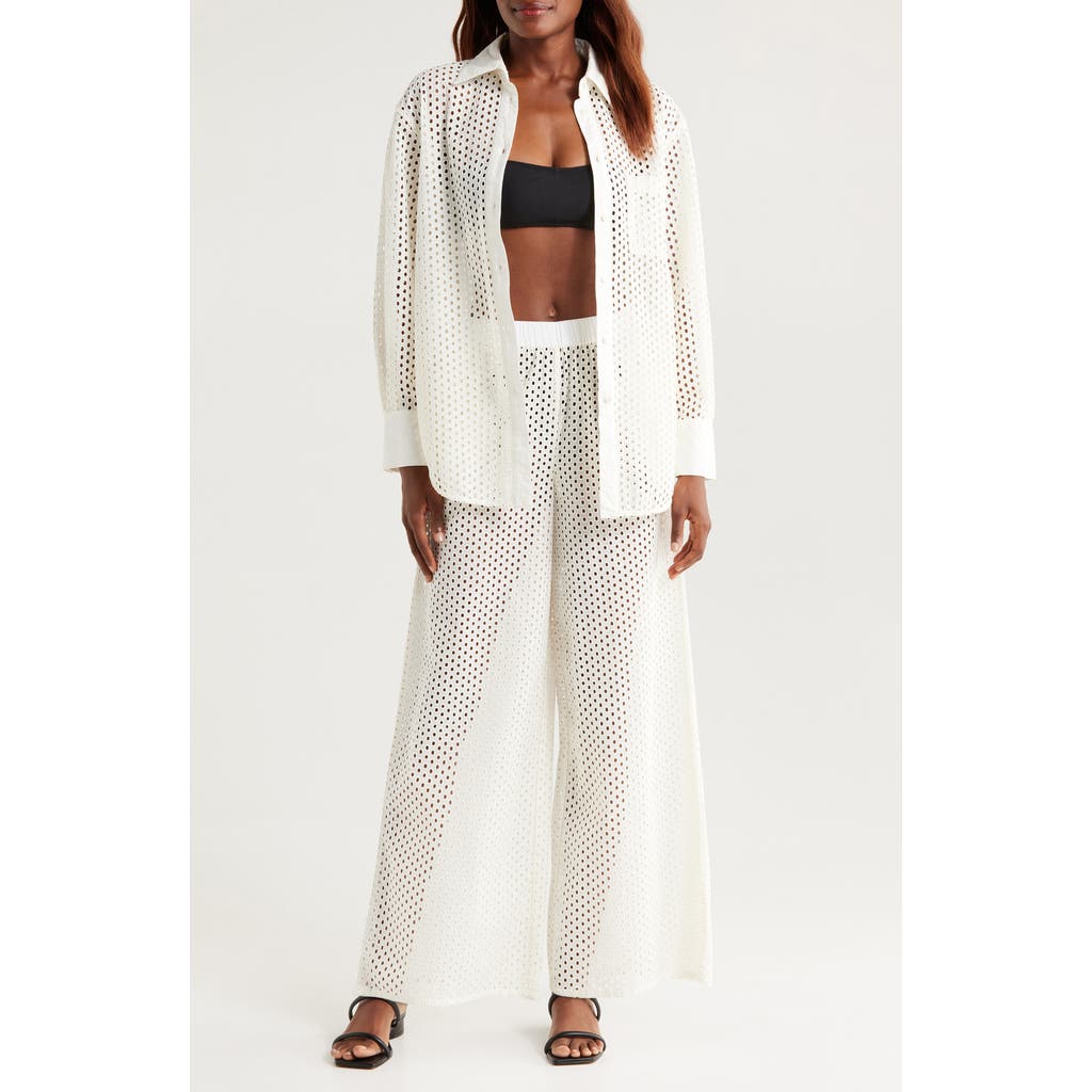 Solid & Striped The Bronte Embroidered Eyelet Long Sleeve Cover-up Tunic Shirt In Brule