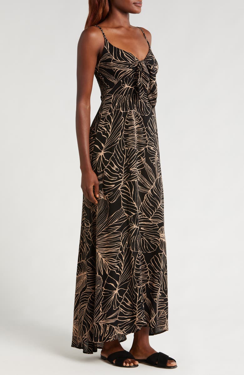 Elan Cutout Tie Front Maxi Cover-Up Sundress, Alternate, color, Black/ Natural Tropics