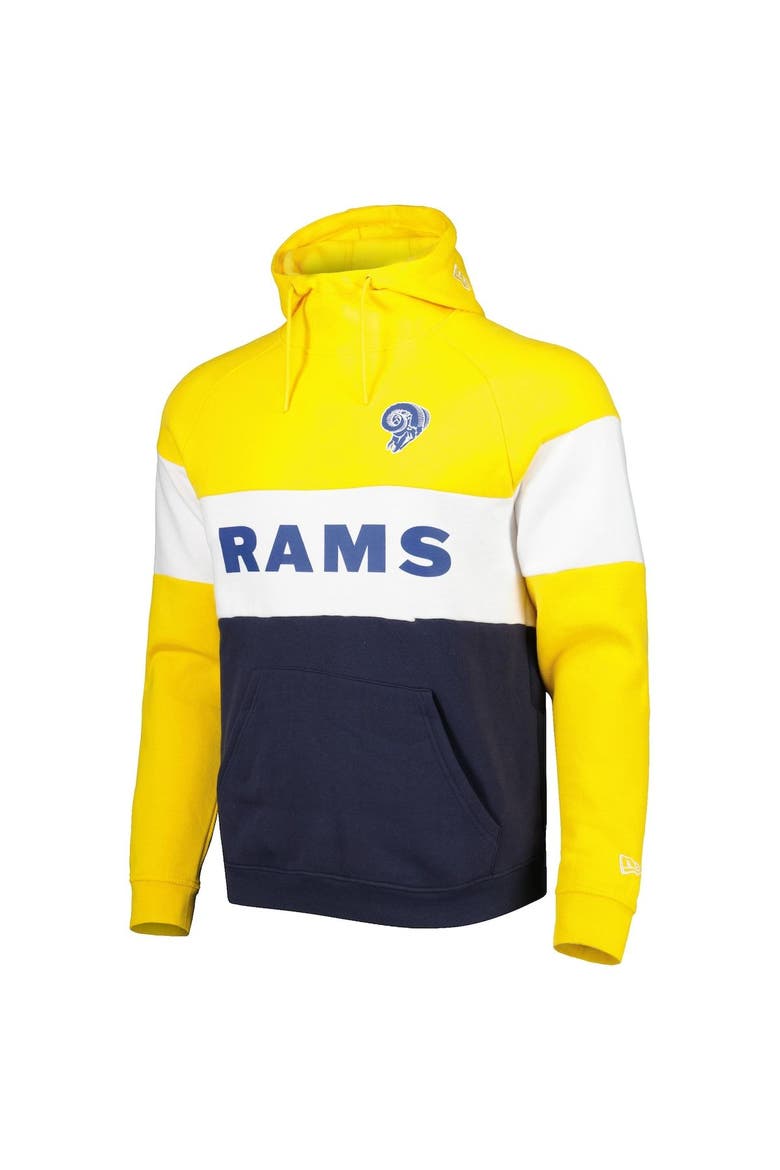 Men's New Era Navy/Gold Los Angeles Rams Colorblock Throwback Pullover Hoodie, Alternate, color, Navy
