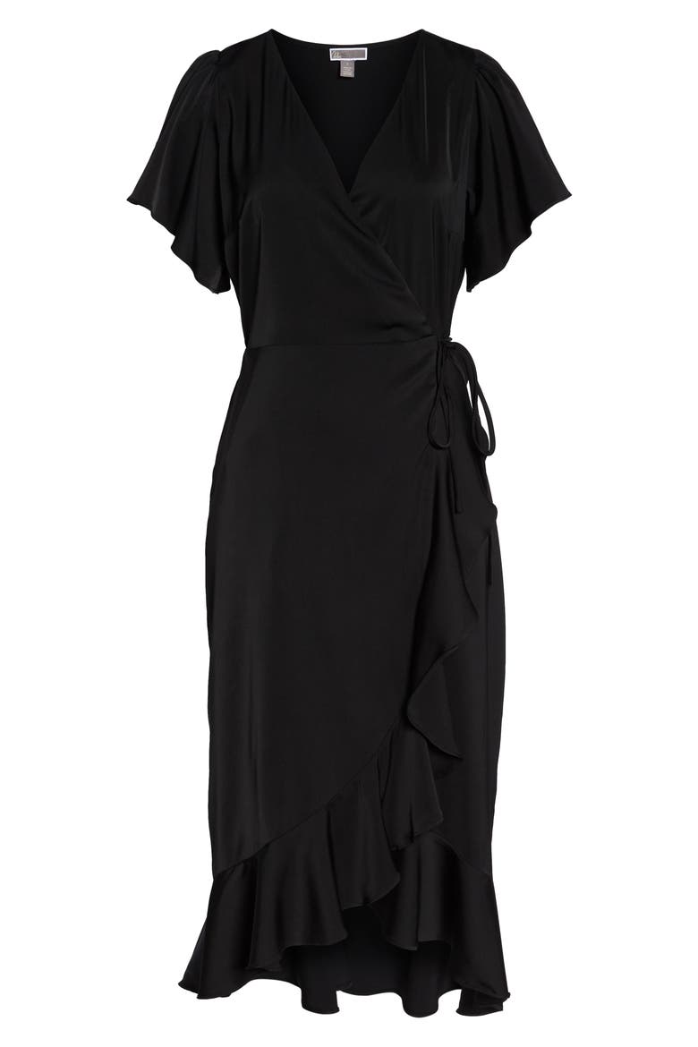 Midi Ruffle Wrap Dress, Alternate, color, BLACK