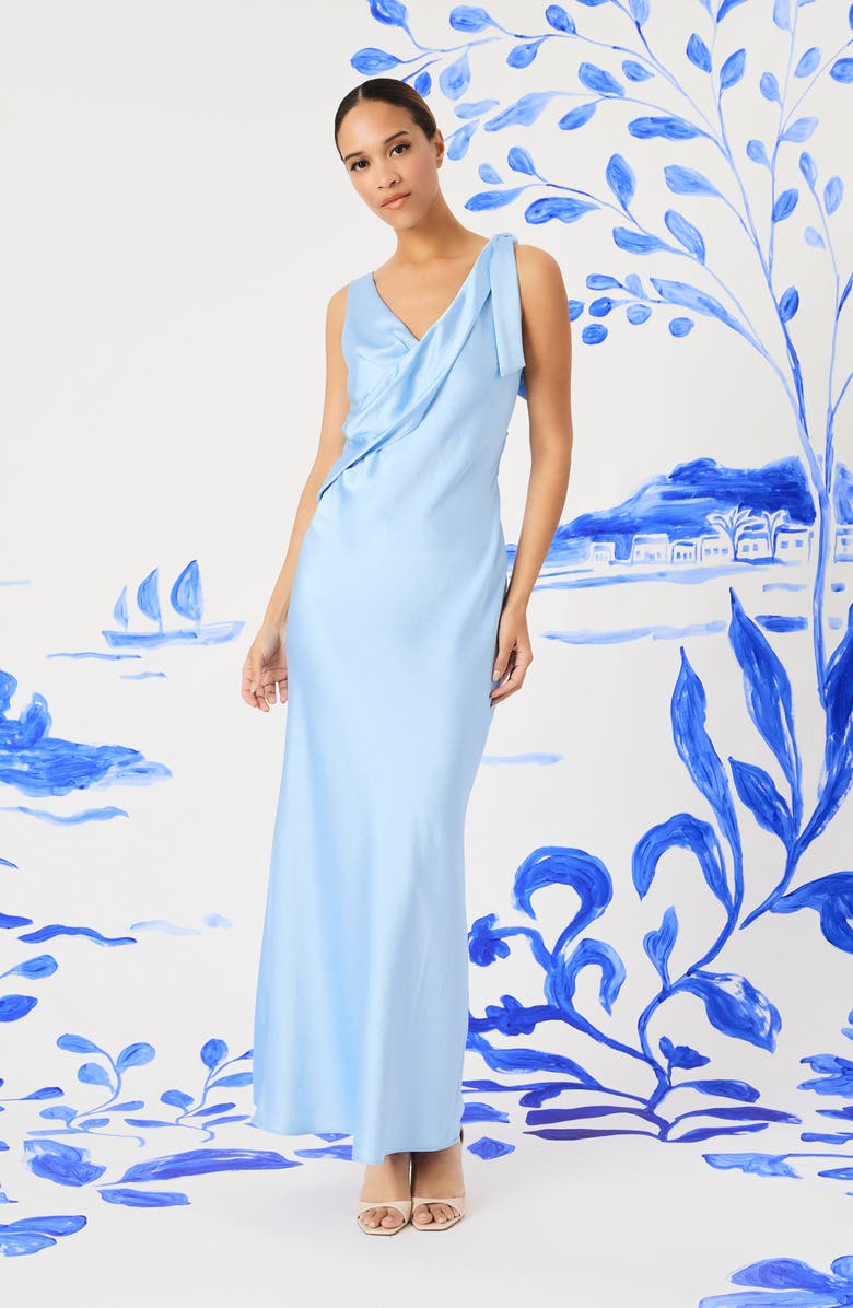 Maggy London Tie Detail Satin Gown, Alternate, color, Blue Bell