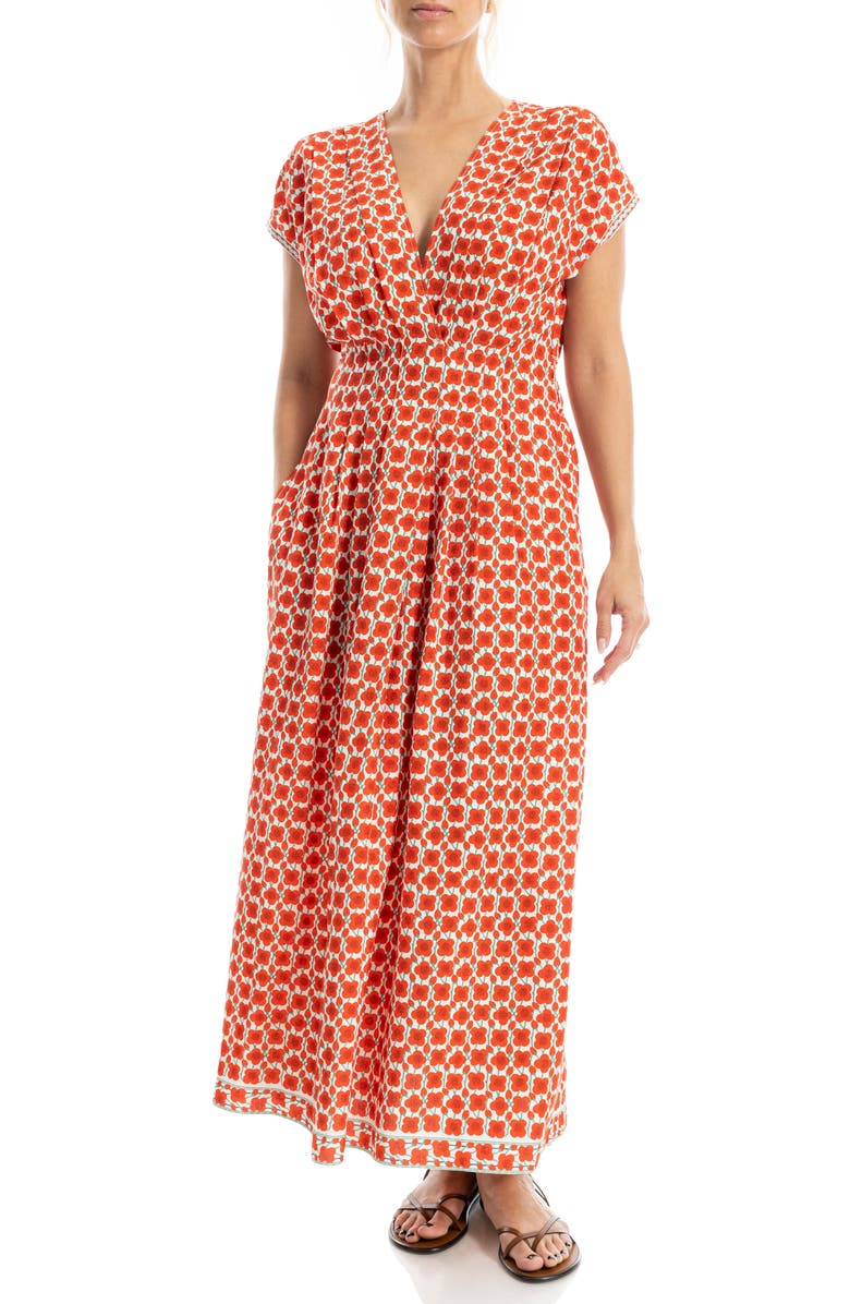 MAX STUDIO Cap Sleeve Tucked Waist Maxi Dress, Alternate, color, Cream/ Papaya Poppy Buds