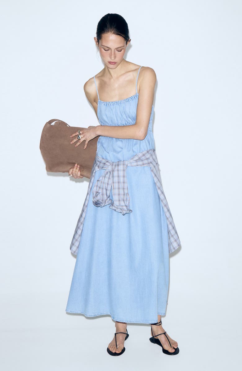 MANGO Gathered Waist Denim Maxi Dress, Alternate, color, Light Blue