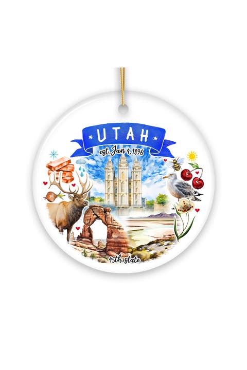 Utah Watercolor Landmarks Round Ceramic Ornament