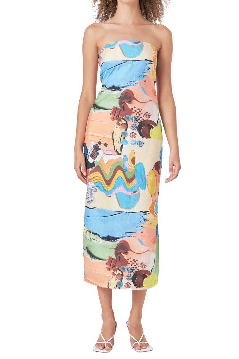 Abstract Print Strapless Dress, Main, color, BEIGE MULTI