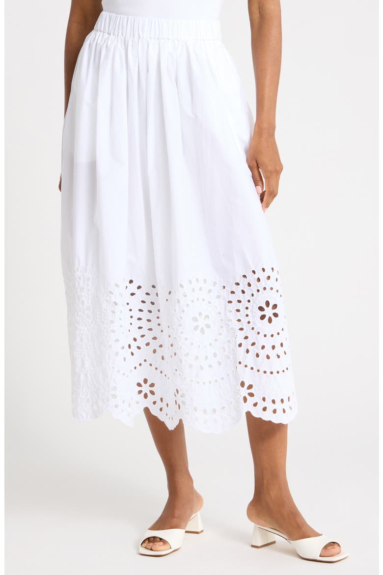 Embroidered Eyelet Cotton Poplin Pull-On Skirt, Main, color, WHITE