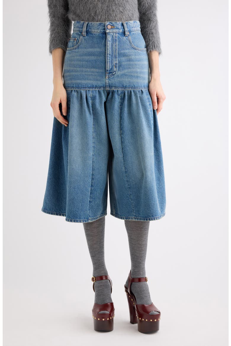 Gathered High Waist Denim Midi Skirt, Main, color, DUSTY COBALT