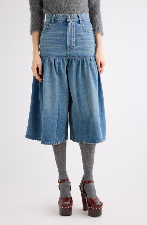 Gathered High Waist Denim Midi Skirt