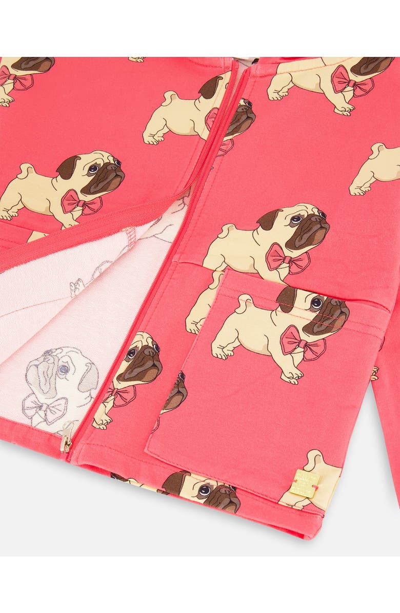 Deux par Deux Girl's Fleece Hooded Cardigan Magenta Printed Pug, Alternate, color, 