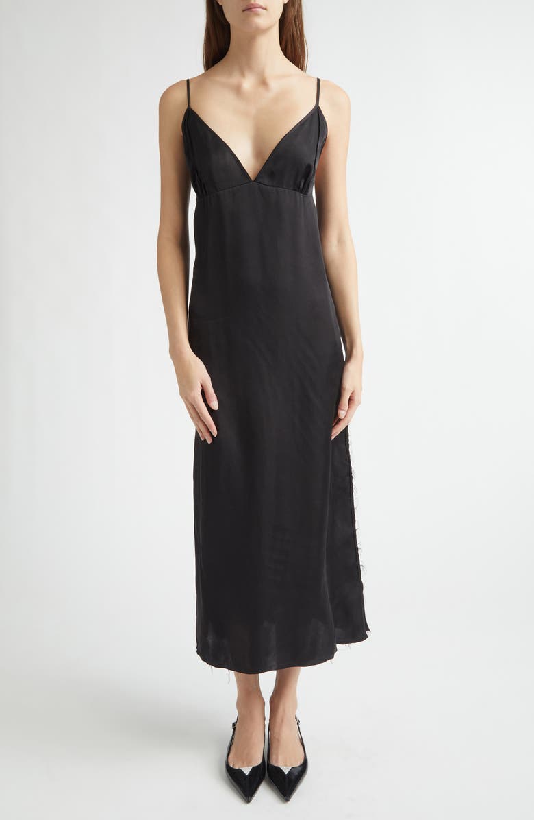 NACKIYÈ Lily Raw Edge Satin Slipdress, Main, color, Noir