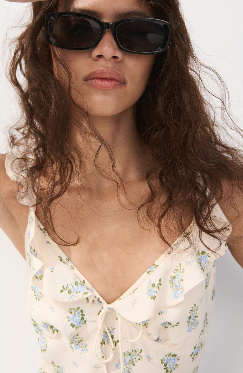 MANGO Floral Ruffle Strap Dress, Alternate, color, Ecru
