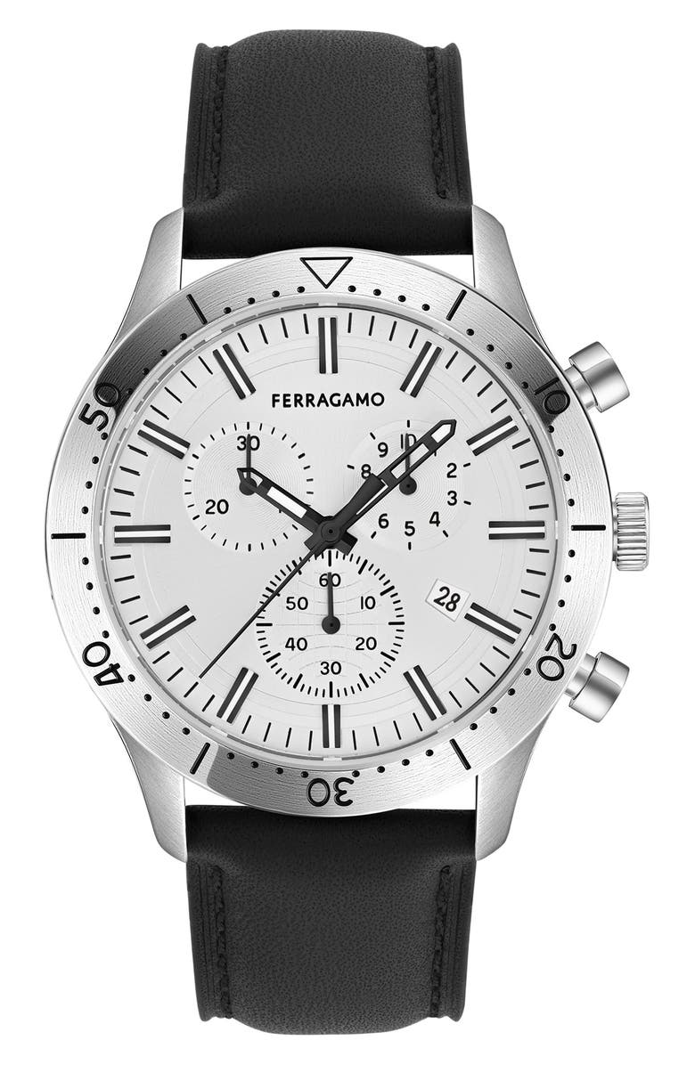 FERRAGAMO Leather Strap Chronograph Watch, 43mm, Main, color, Stainless Steel