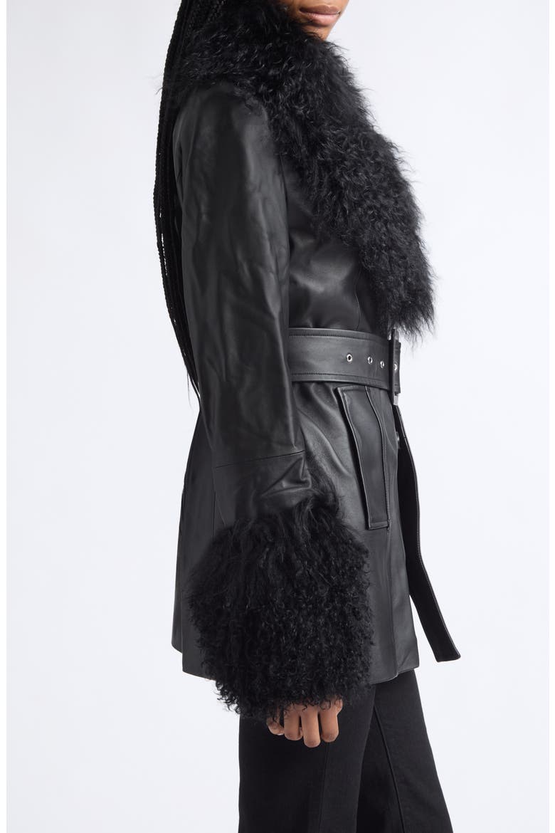 Mimmi Leather Jacket with Genuine Mongolian Shearling Trim, Alternate, color, BLACK
