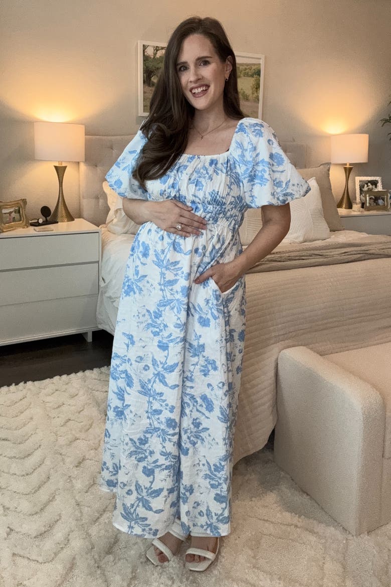 Floral Puff Sleeve Midi Dress, Alternate, color, Blue