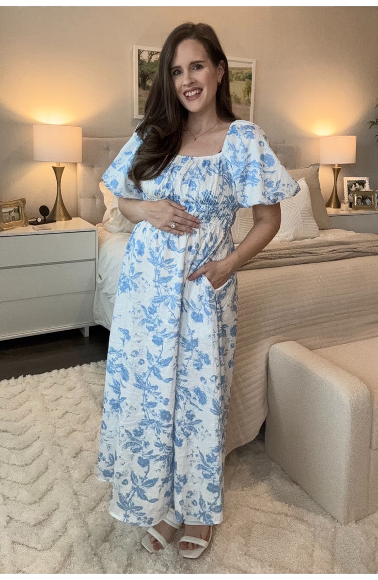 PinkBlush Floral Puff Sleeve Midi Dress, Alternate, color, Blue