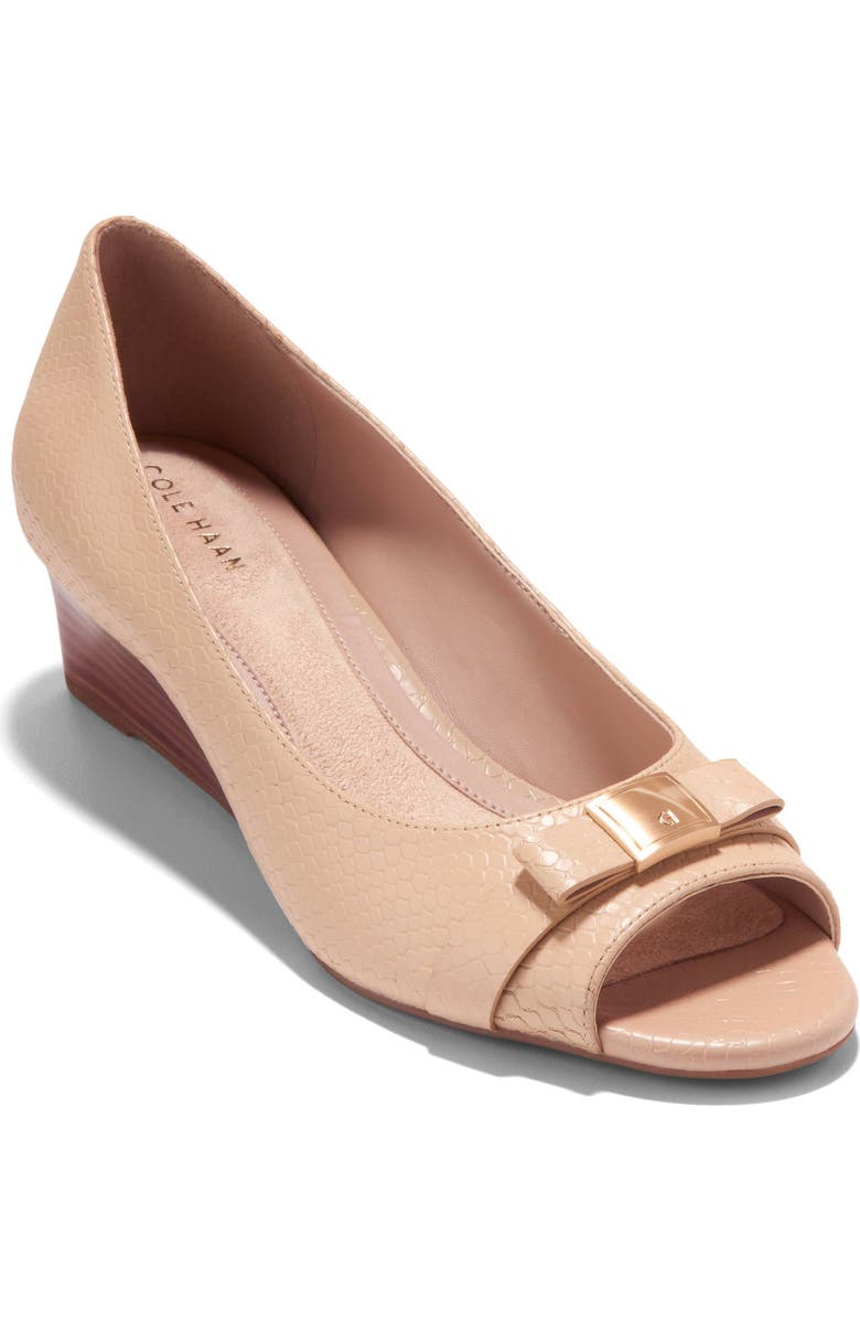 Cole Haan <p>Go-To Malta Peep Toe Bow Wedge (Women)</p>, Main, color, Soft Buff Snake Print Leather